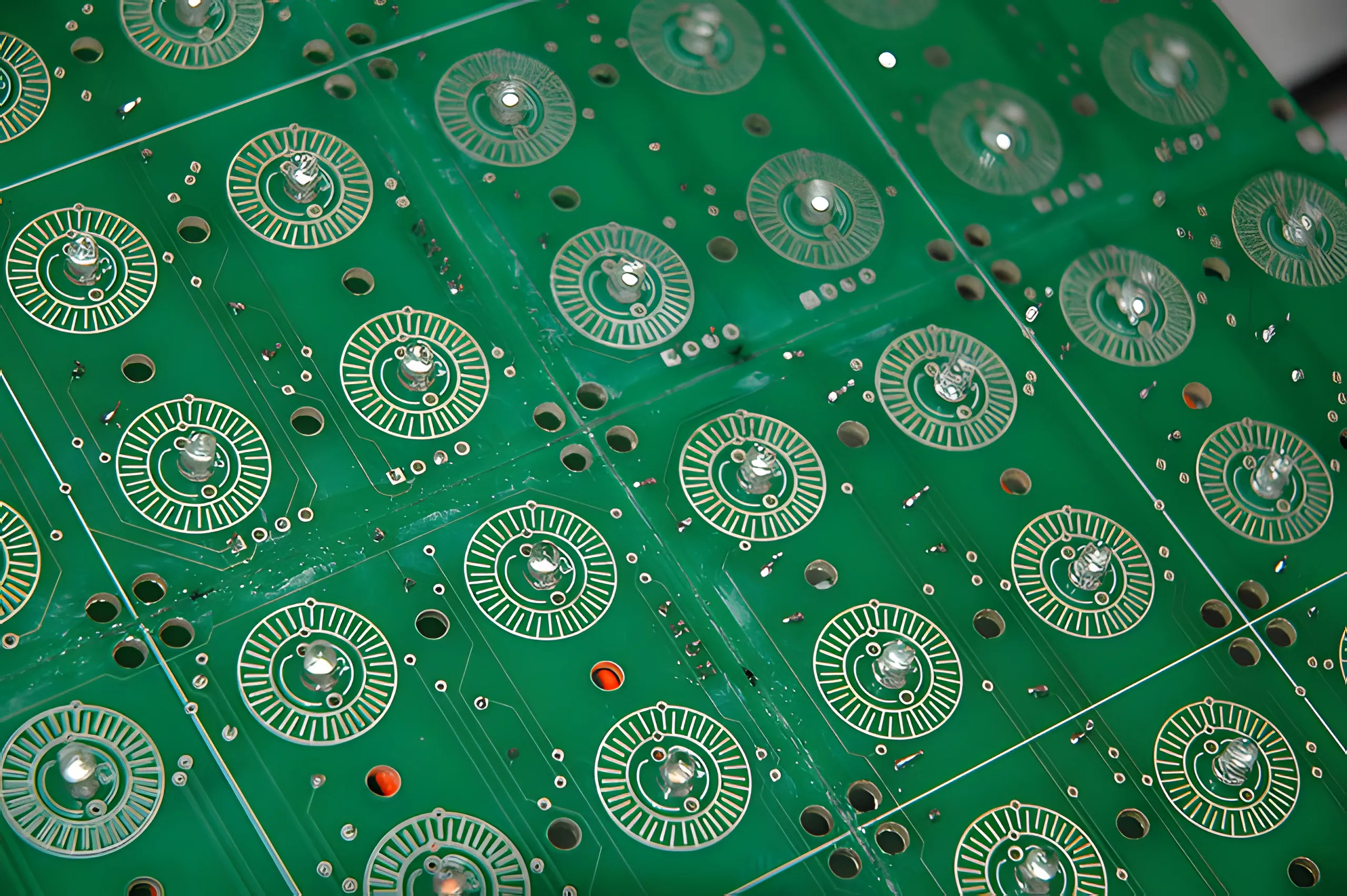 Bare green circuit board close up, rows of circular contact pads with a domed LED at each centre