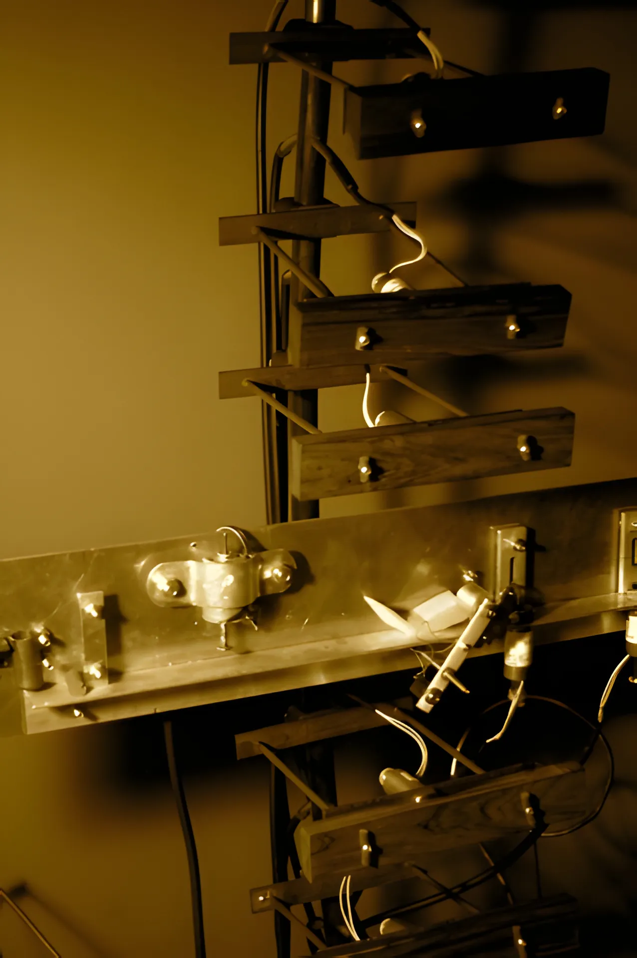 Wooden bars stacked in a vertical ladder up a steel column, wire hooks and cabling running between them