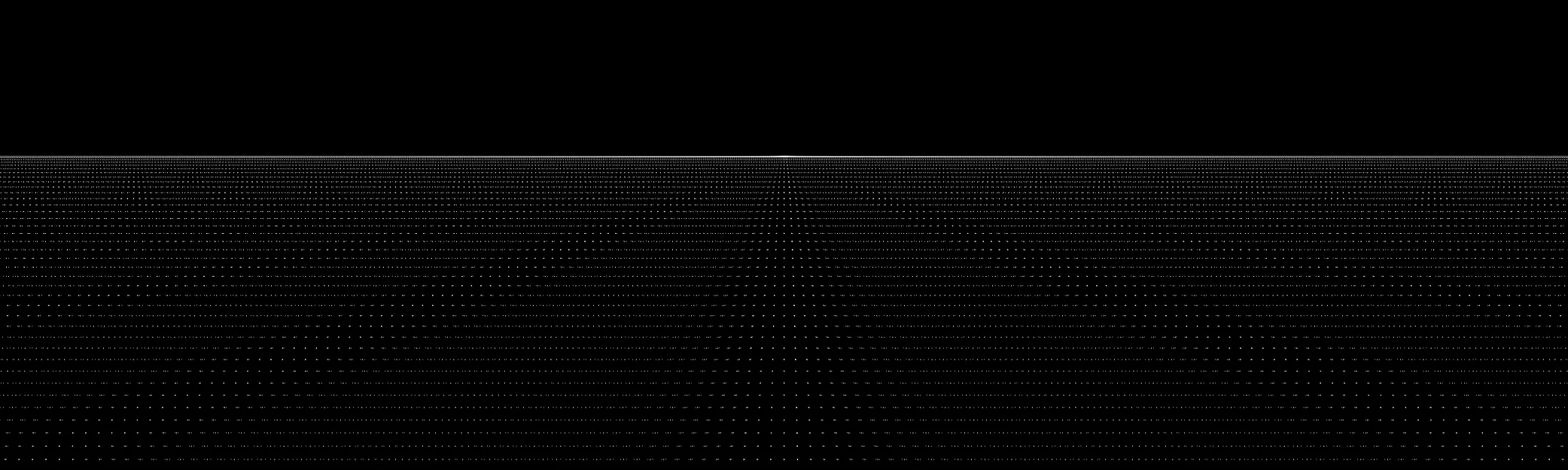 A different run: below a pale horizon line, ranks of tiny dashes on a grid, thinning toward the lower edge.