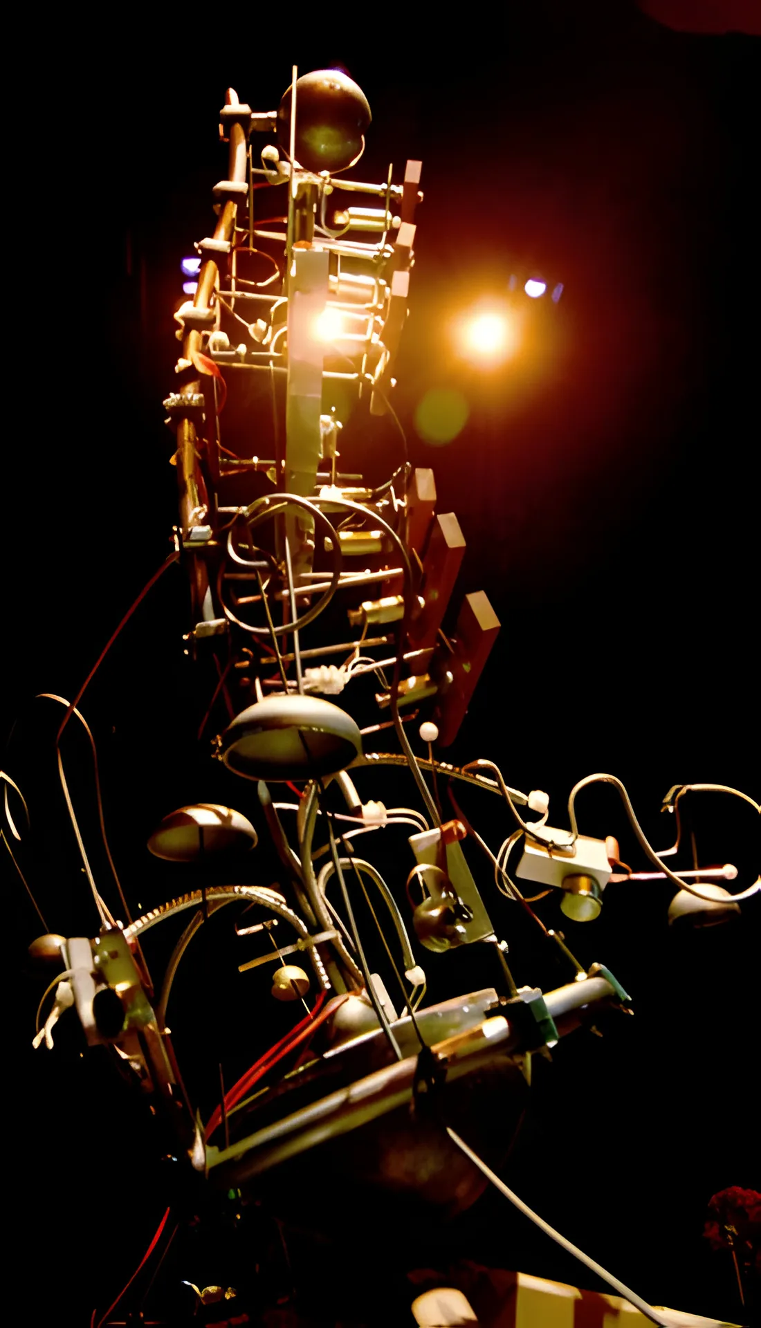 The full robot from below on a darkened stage, a tall column of tubing, solenoids and wiring against stage lights